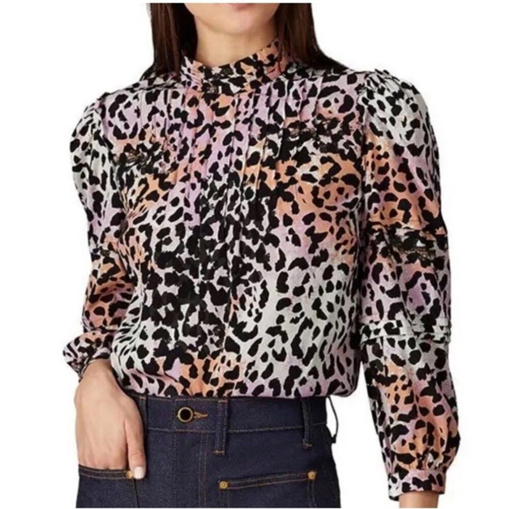 Veronica Beard Multicolor Leopard Print Lety Silk Top Size 4 Pastel Black Blouse